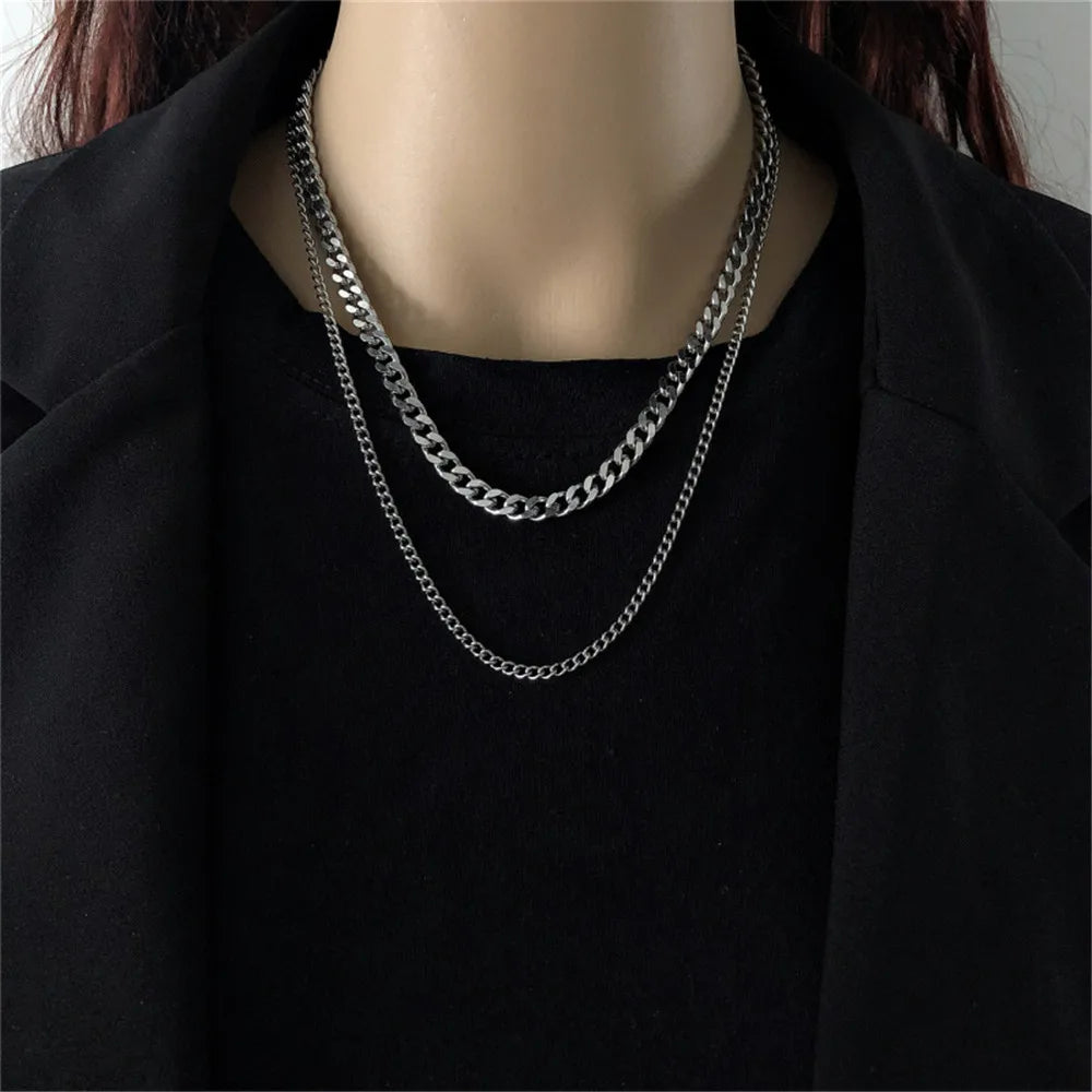 2023 Trendy Stainless Stee Double Layer Chain Necklace Simple Minimalist Punk Necklace for Women Men Goth Grunge Emo Y2K Jewelry
