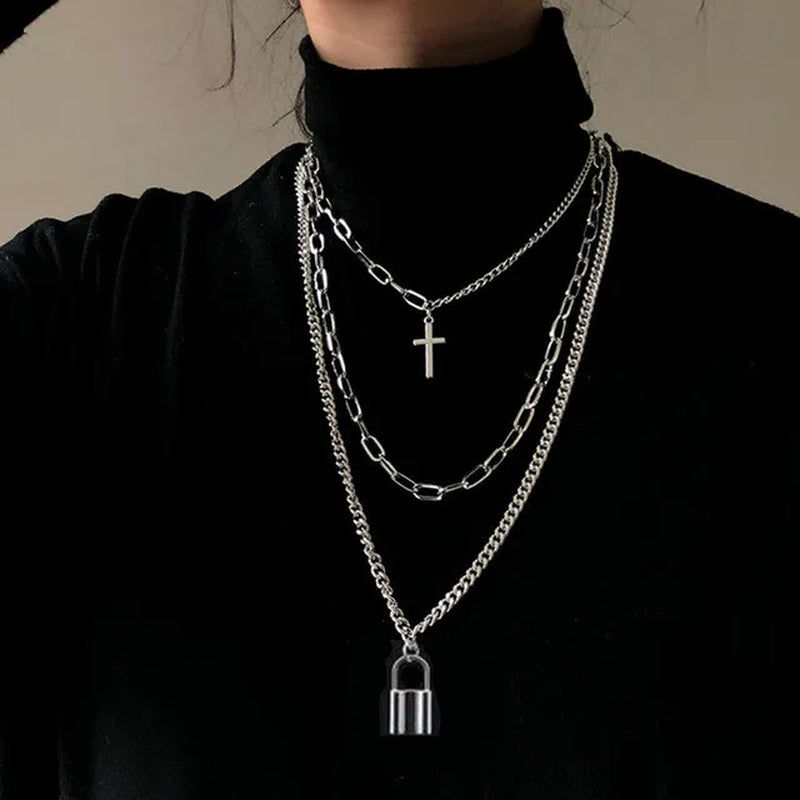 Multi-Layer Long Chain Necklace Punk Cross Pendant Necklace for Women Men Metal Chains Hip Hop Goth Jewelry Gifts Цепочка