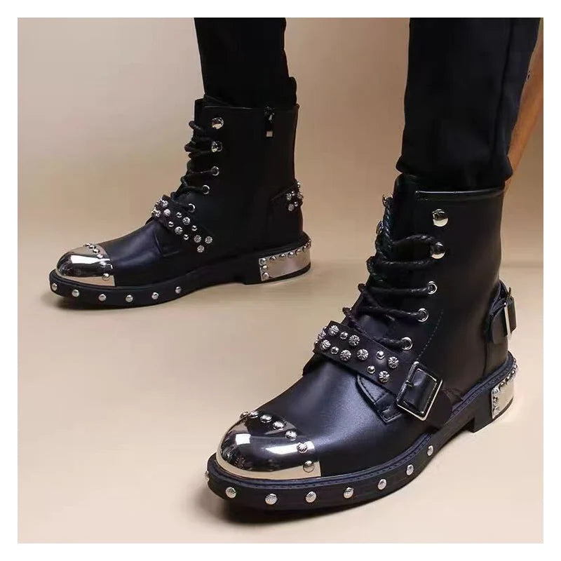 Mens Luxury Fashion Punk Goth Dress High Motorcycle Boots Lace-Up Original Leather Rivets Shoes Cowboy Platform Long Botas Mans