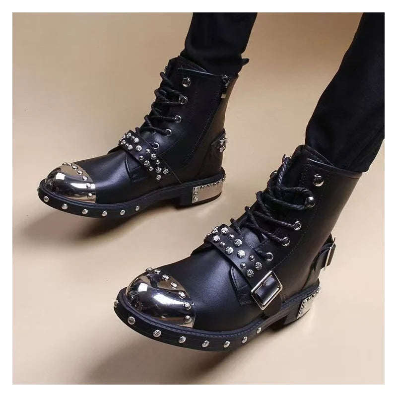 Mens Luxury Fashion Punk Goth Dress High Motorcycle Boots Lace-Up Original Leather Rivets Shoes Cowboy Platform Long Botas Mans