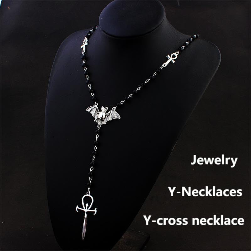Ankh Cross Bat Necklace Gothic Vampire Rosary