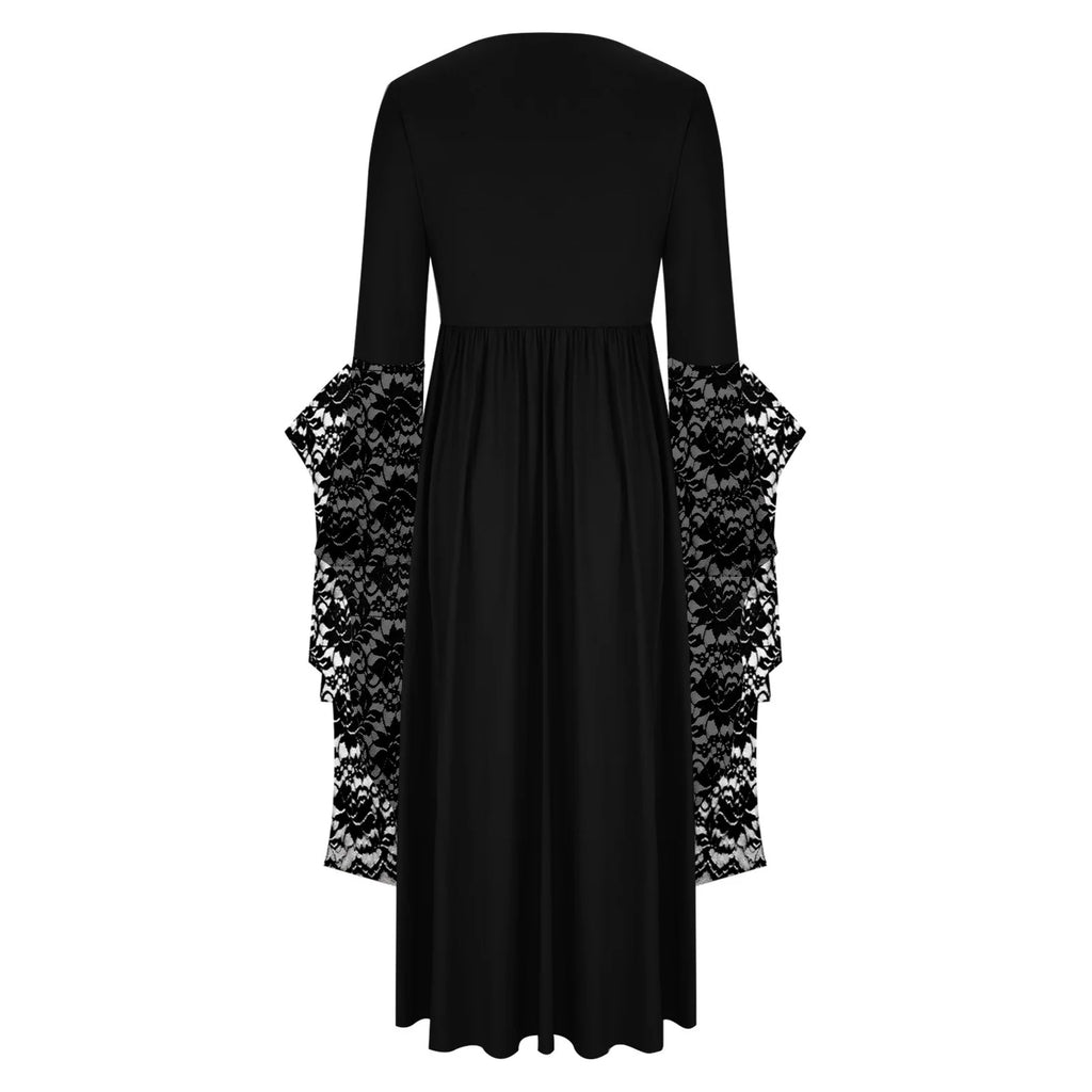 Womens Gothic Dress plus Size Flare Sleeve Dress Skull Lace Print Steampunk Dresses Cocktail Dresses Flowy Goth Corset Dress Maxi Wedding Guest Dresses