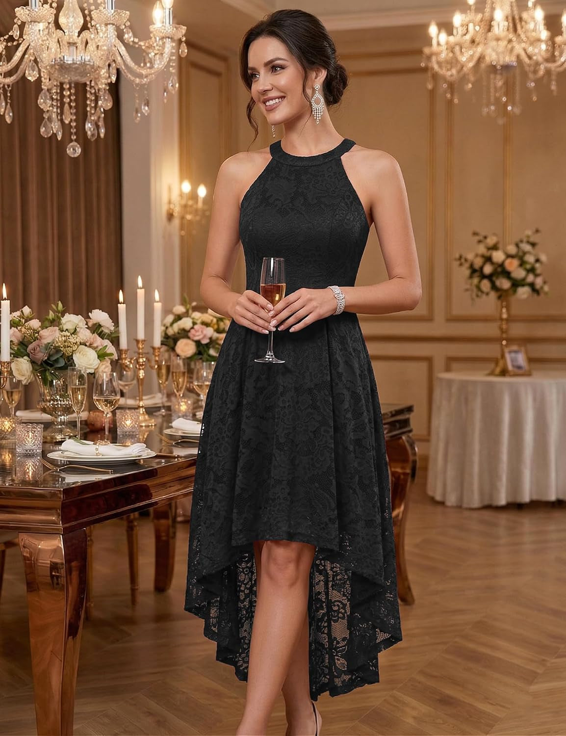 Women Halter Lace Hi Lo Wedding Guest Cocktail Formal Dress