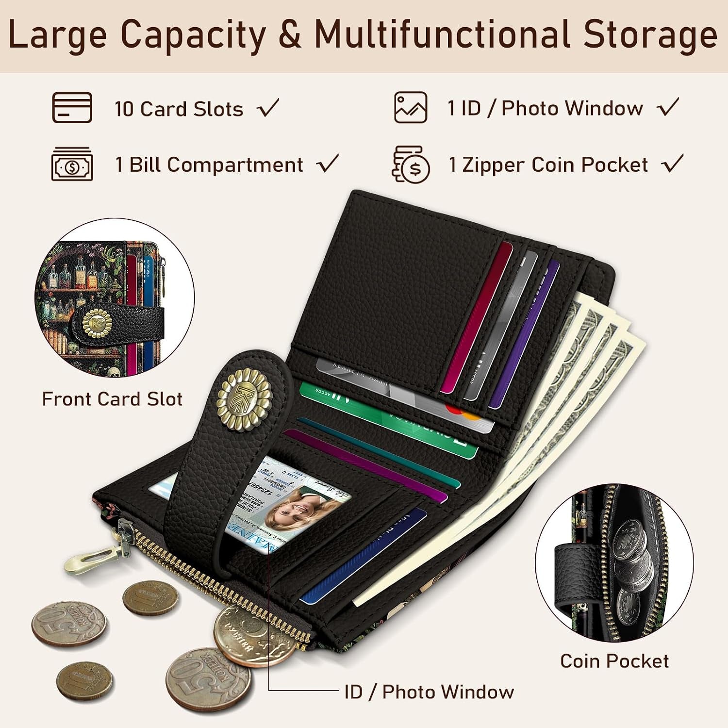 Bookshelves Skull Goth Small Rfid Women Wallet Zipper Coin Pocket