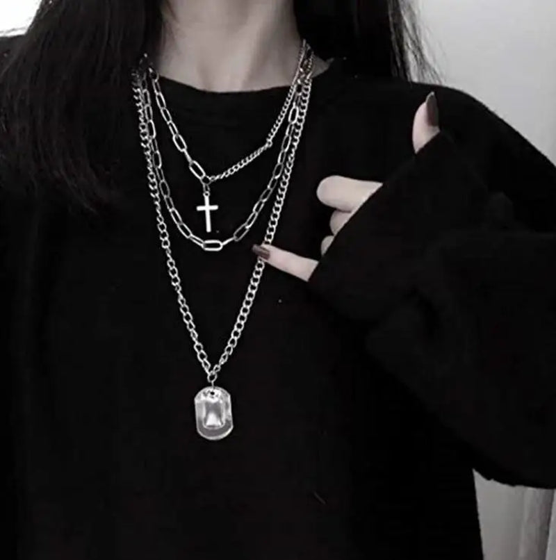 Multi-Layer Long Chain Necklace Punk Cross Pendant Necklace for Women Men Metal Chains Hip Hop Goth Jewelry Gifts Цепочка
