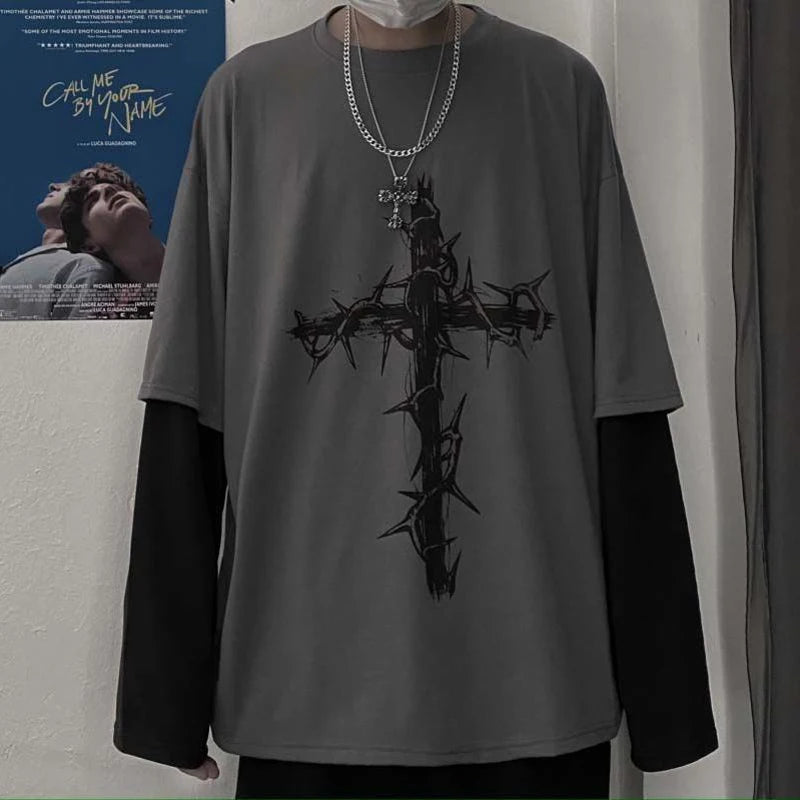 Grunge Clothes Women Long Sleeve Emo T-Shirt Casual Harajuku Men Aesthetic Pray Goth Top Alt Street Fashion Tshirts Indie Punk