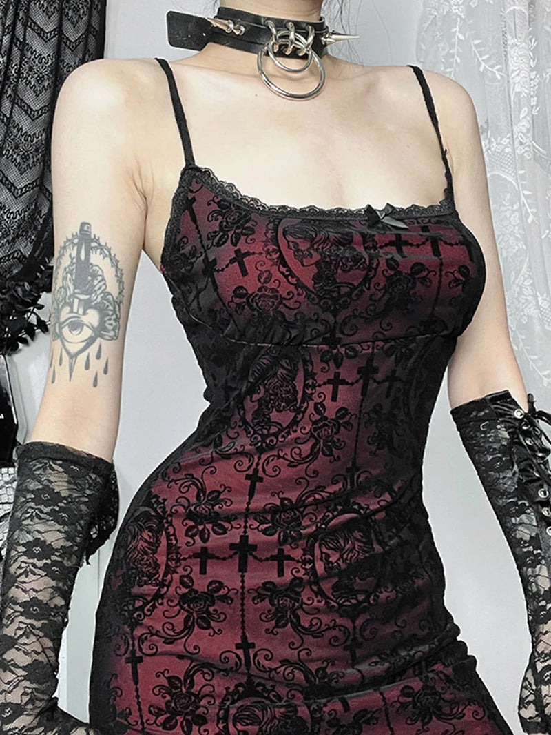 Vintage Elegant Goth Dress Women Sexy Streetwear Fairy Grunge Aesthetic Cross Pattern Spaghetti Strap Party Dress Female