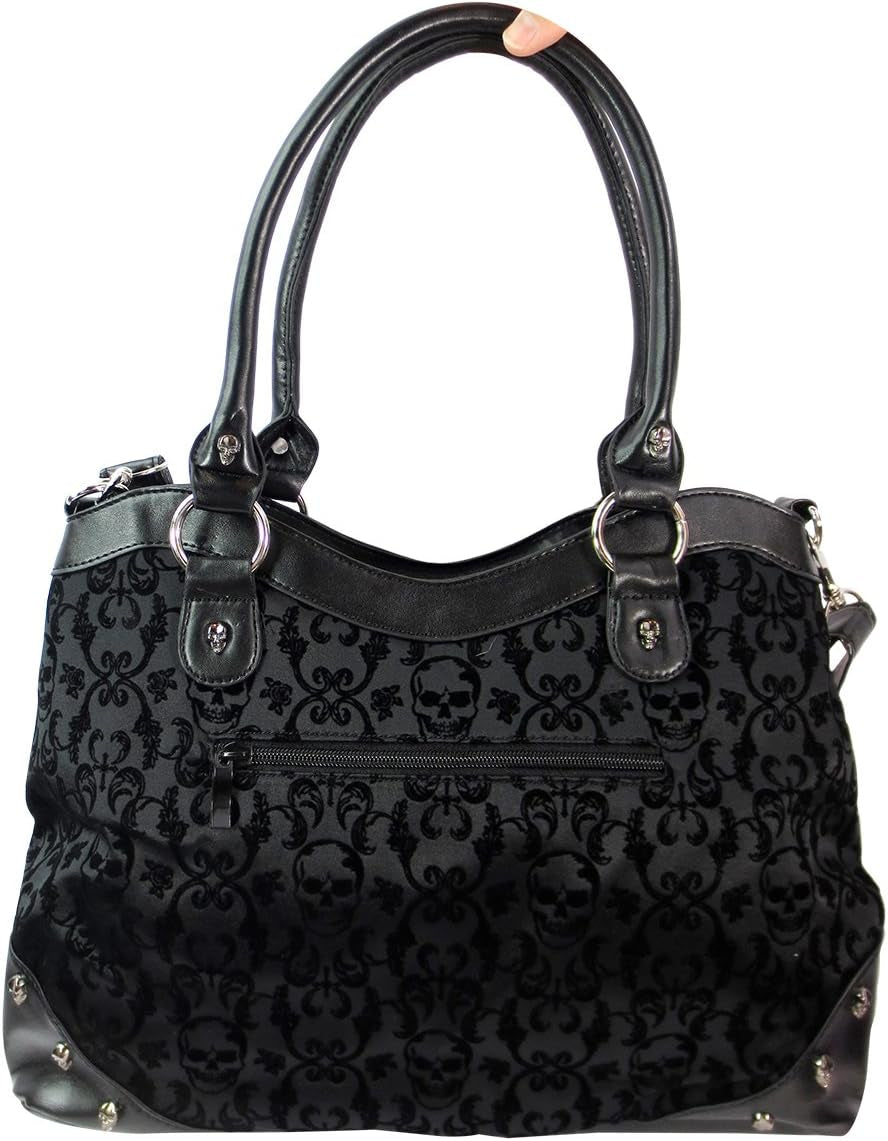 Black Goth Steampunk Flocked Ribcage Skeleton Cameo Handbag Shoulder Bag, Large