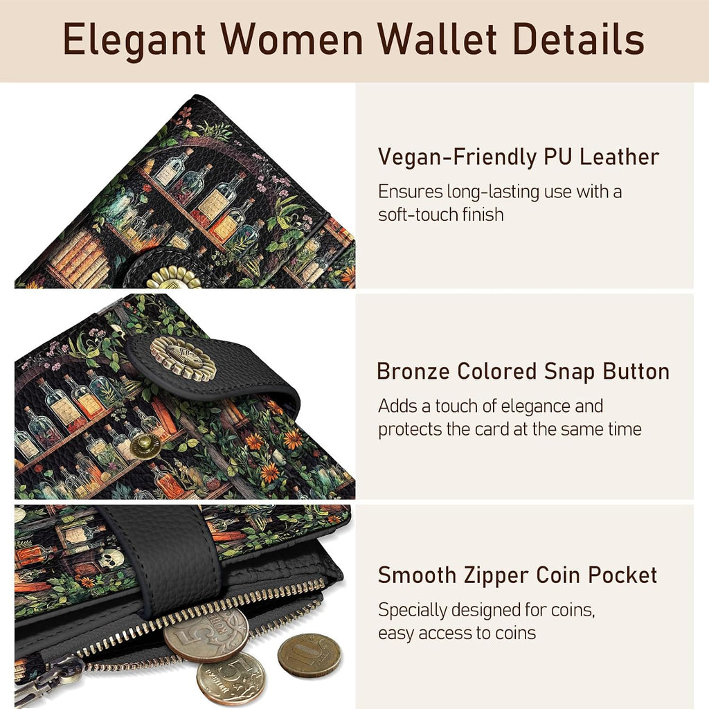 Bookshelves Skull Goth Small Rfid Women Wallet Zipper Coin Pocket