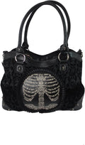 Black Goth Steampunk Flocked Ribcage Skeleton Cameo Handbag Shoulder Bag, Large