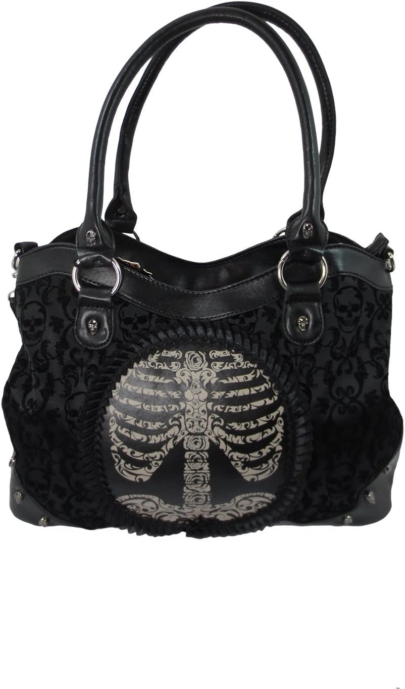 Black Goth Steampunk Flocked Ribcage Skeleton Cameo Handbag Shoulder Bag, Large