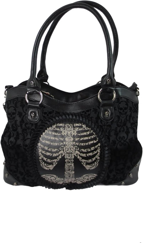 Black Goth Steampunk Flocked Ribcage Skeleton Cameo Handbag Shoulder Bag, Large