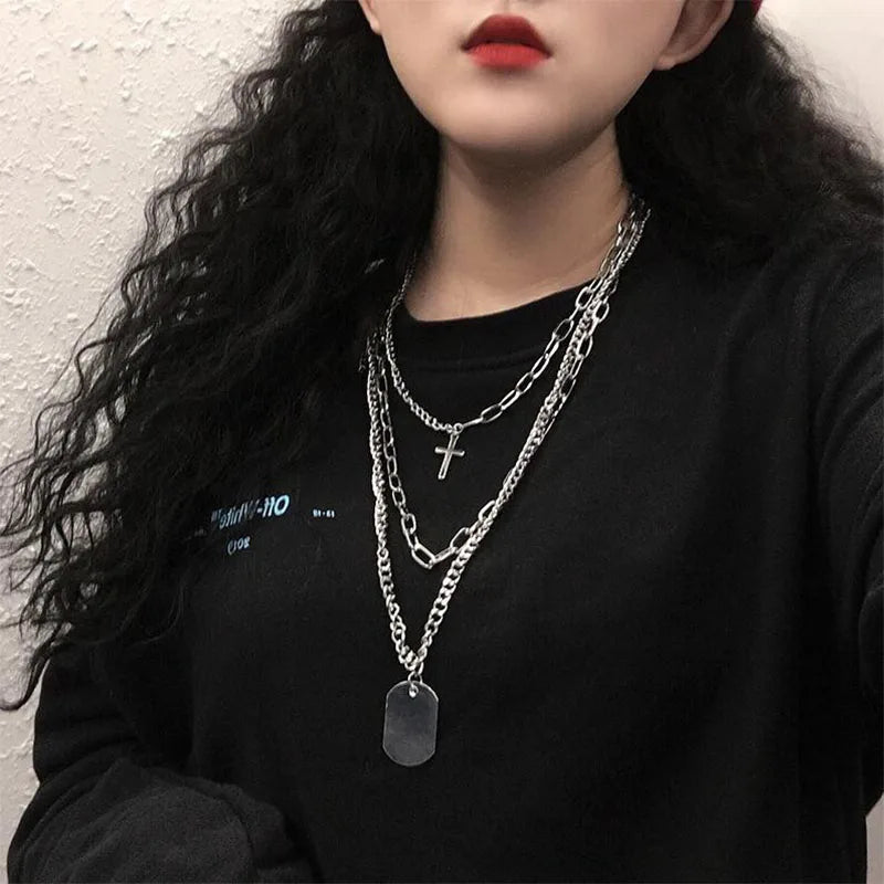 Multi-Layer Long Chain Necklace Punk Cross Pendant Necklace for Women Men Metal Chains Hip Hop Goth Jewelry Gifts Цепочка