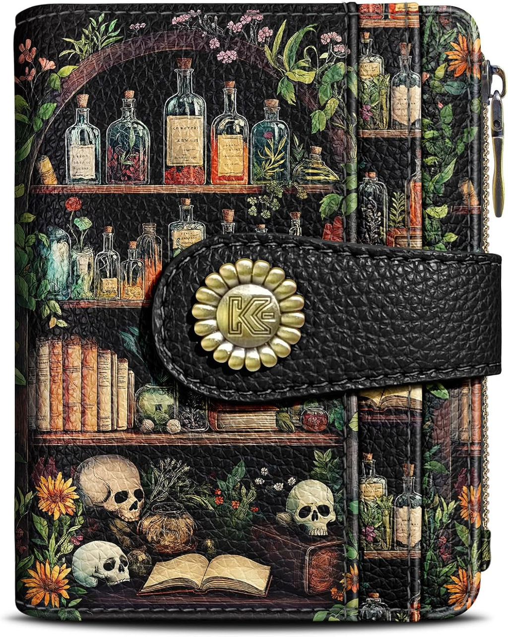 Bookshelves Skull Goth Small Rfid Women Wallet Zipper Coin Pocket