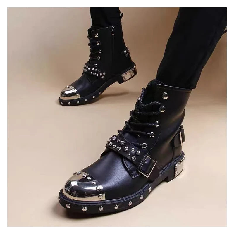 Mens Luxury Fashion Punk Goth Dress High Motorcycle Boots Lace-Up Original Leather Rivets Shoes Cowboy Platform Long Botas Mans
