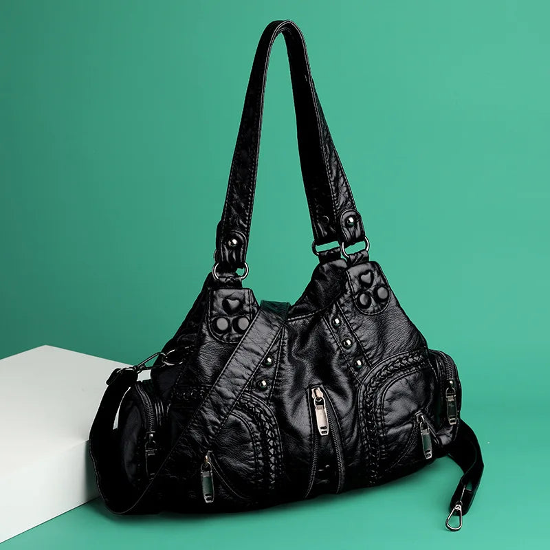 Black Y2K Women Shoulder Bag Vintage Punk Goth Fashion Designer Pu Leather Tote Bag Large Capacity Rivet Motorcycle Handbag