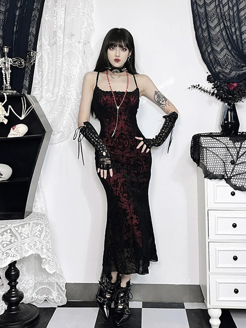 Vintage Elegant Goth Dress Women Sexy Streetwear Fairy Grunge Aesthetic Cross Pattern Spaghetti Strap Party Dress Female