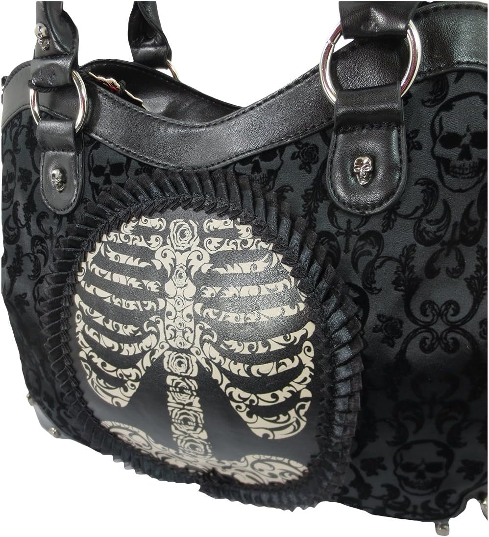 Black Goth Steampunk Flocked Ribcage Skeleton Cameo Handbag Shoulder Bag, Large