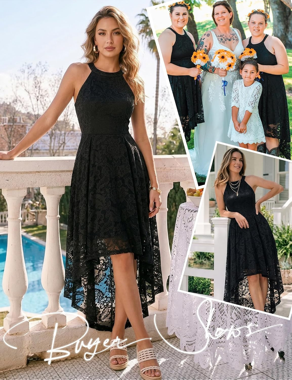 Women Halter Lace Hi Lo Wedding Guest Cocktail Formal Dress