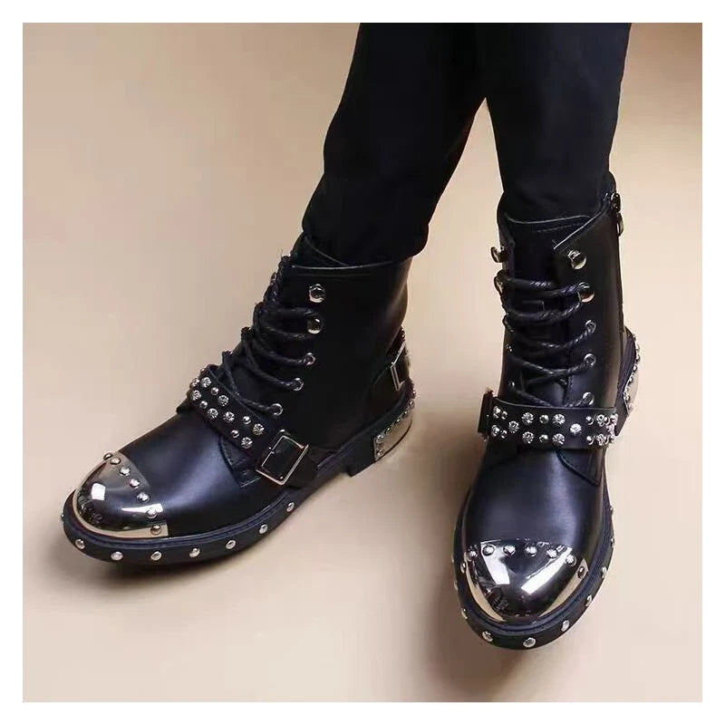 Mens Luxury Fashion Punk Goth Dress High Motorcycle Boots Lace-Up Original Leather Rivets Shoes Cowboy Platform Long Botas Mans