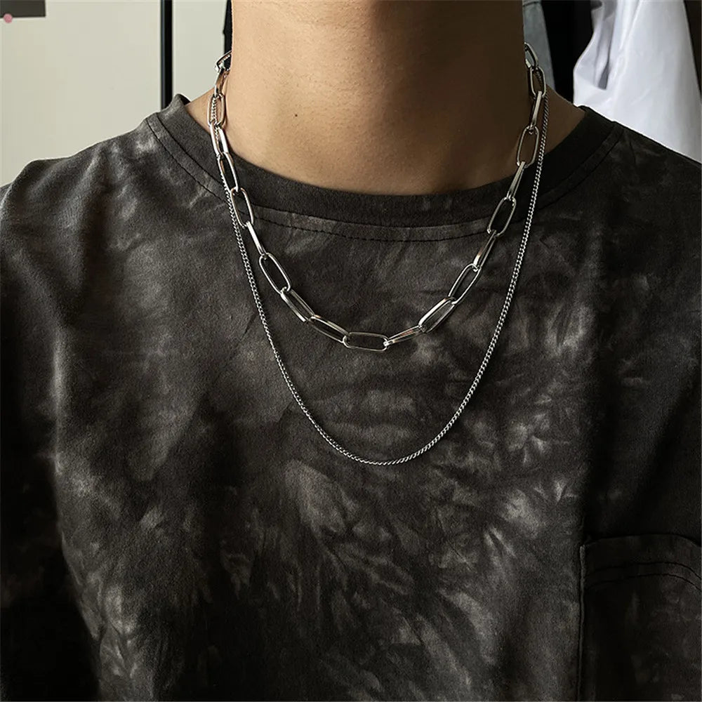 2023 Trendy Stainless Stee Double Layer Chain Necklace Simple Minimalist Punk Necklace for Women Men Goth Grunge Emo Y2K Jewelry
