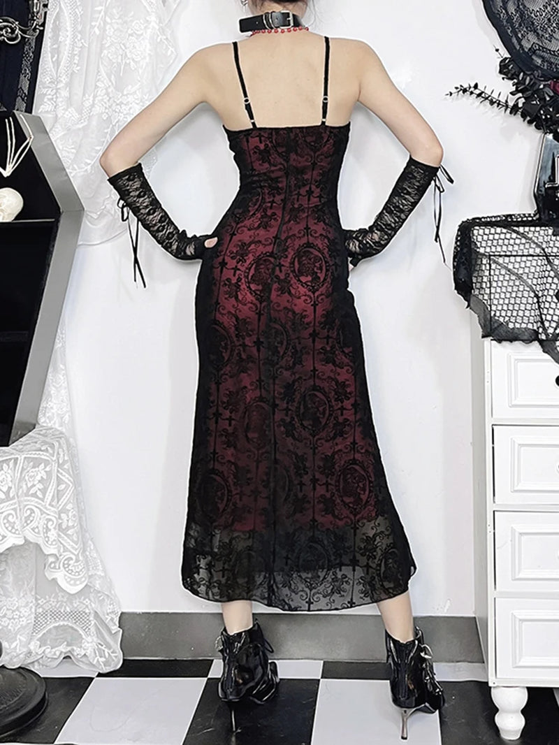 Vintage Elegant Goth Dress Women Sexy Streetwear Fairy Grunge Aesthetic Cross Pattern Spaghetti Strap Party Dress Female