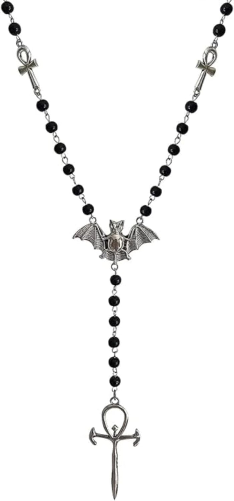 Ankh Cross Bat Necklace Gothic Vampire Rosary