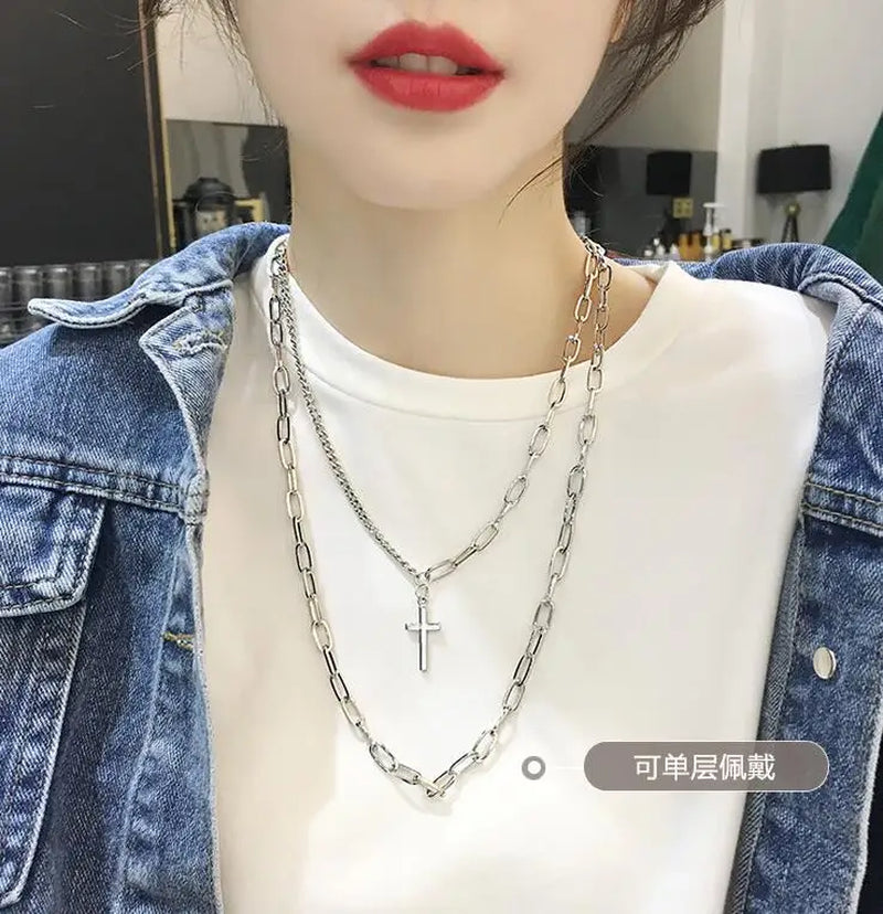 Multi-Layer Long Chain Necklace Punk Cross Pendant Necklace for Women Men Metal Chains Hip Hop Goth Jewelry Gifts Цепочка
