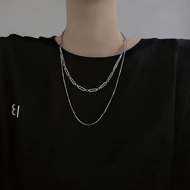2023 Trendy Stainless Stee Double Layer Chain Necklace Simple Minimalist Punk Necklace for Women Men Goth Grunge Emo Y2K Jewelry