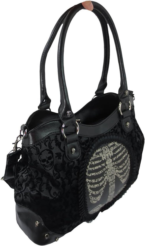 Black Goth Steampunk Flocked Ribcage Skeleton Cameo Handbag Shoulder Bag, Large