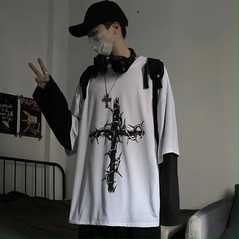 Grunge Clothes Women Long Sleeve Emo T-Shirt Casual Harajuku Men Aesthetic Pray Goth Top Alt Street Fashion Tshirts Indie Punk