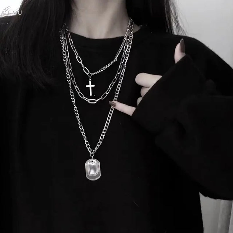 Multi-Layer Long Chain Necklace Punk Cross Pendant Necklace for Women Men Metal Chains Hip Hop Goth Jewelry Gifts Цепочка