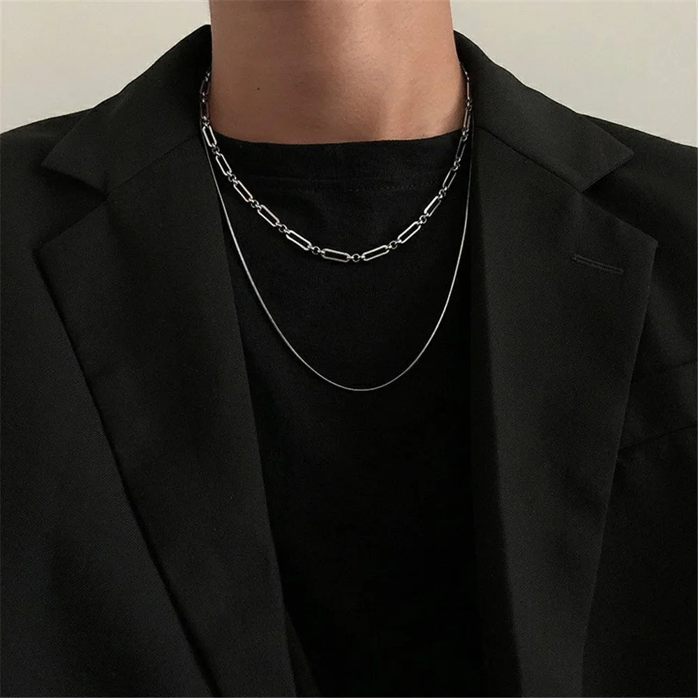 2023 Trendy Stainless Stee Double Layer Chain Necklace Simple Minimalist Punk Necklace for Women Men Goth Grunge Emo Y2K Jewelry