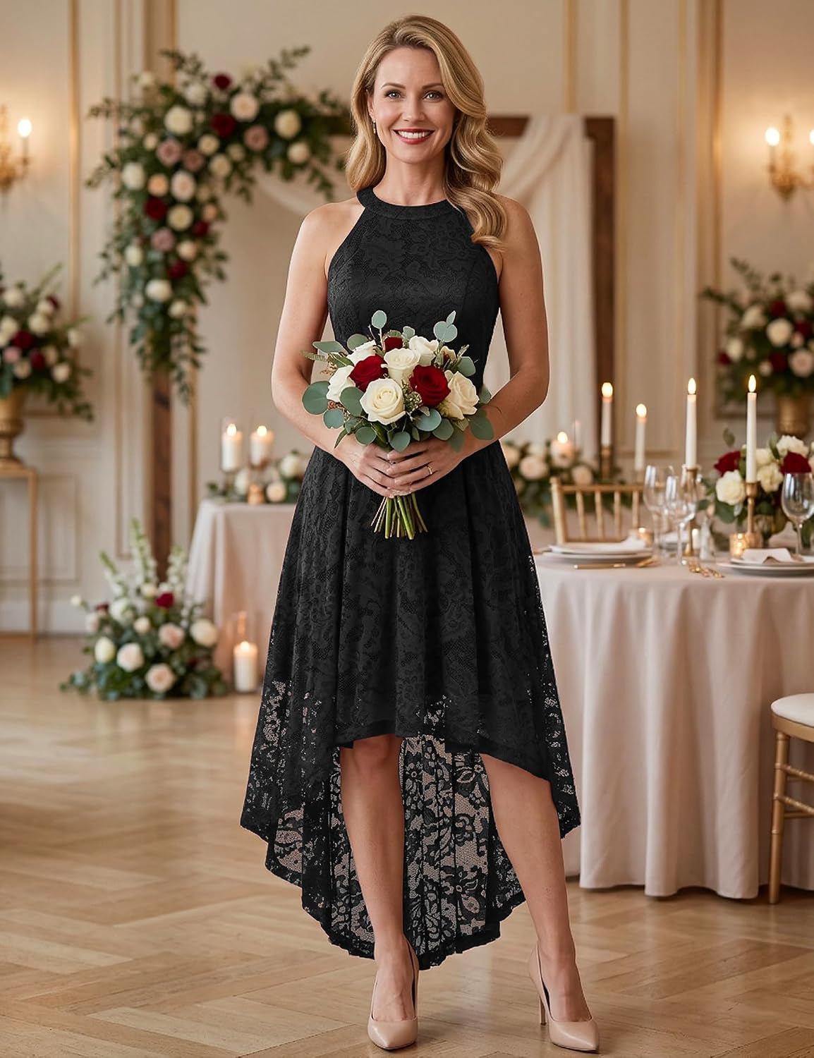 Women Halter Lace Hi Lo Wedding Guest Cocktail Formal Dress