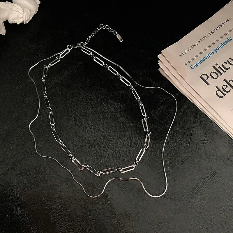 2023 Trendy Stainless Stee Double Layer Chain Necklace Simple Minimalist Punk Necklace for Women Men Goth Grunge Emo Y2K Jewelry