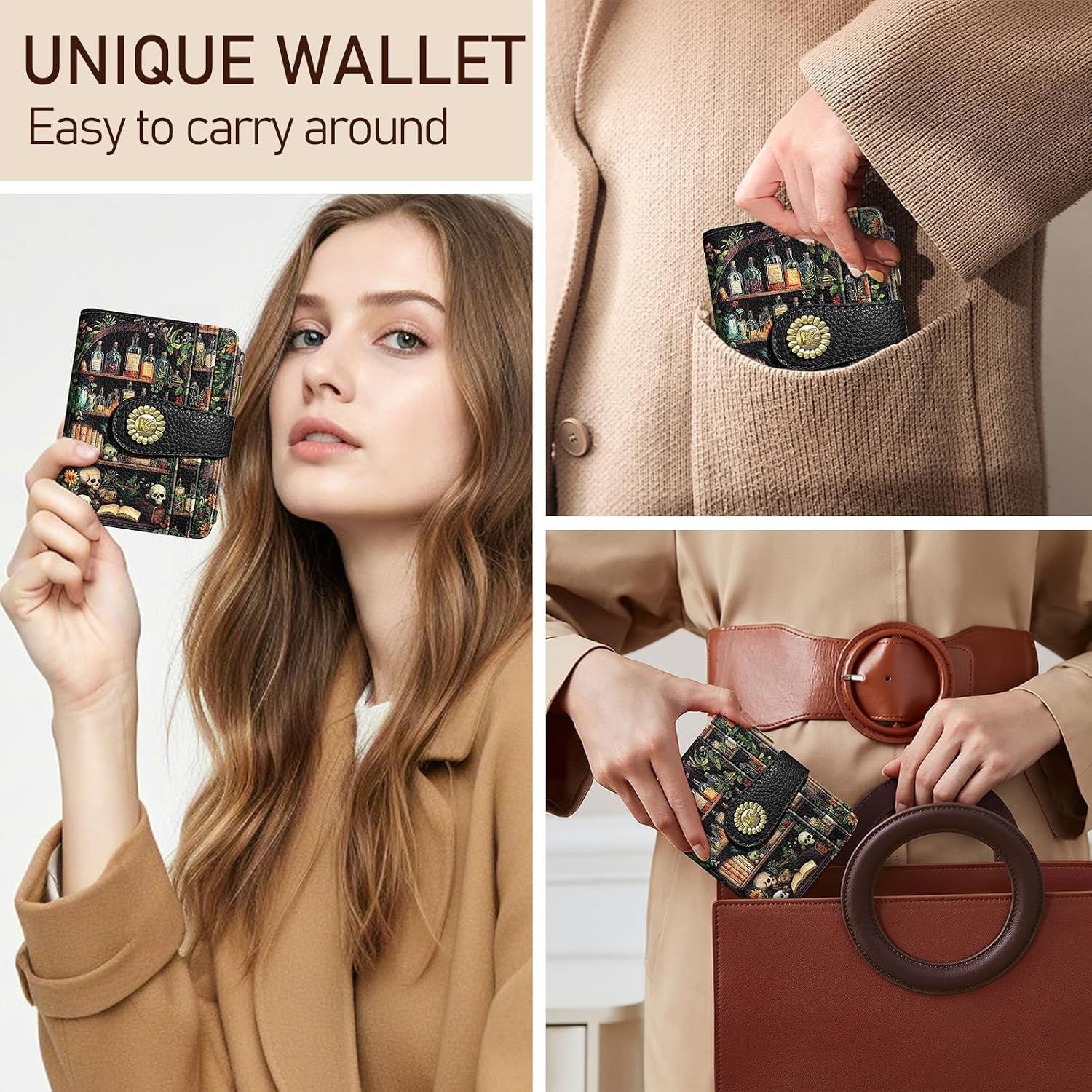 Bookshelves Skull Goth Small Rfid Women Wallet Zipper Coin Pocket