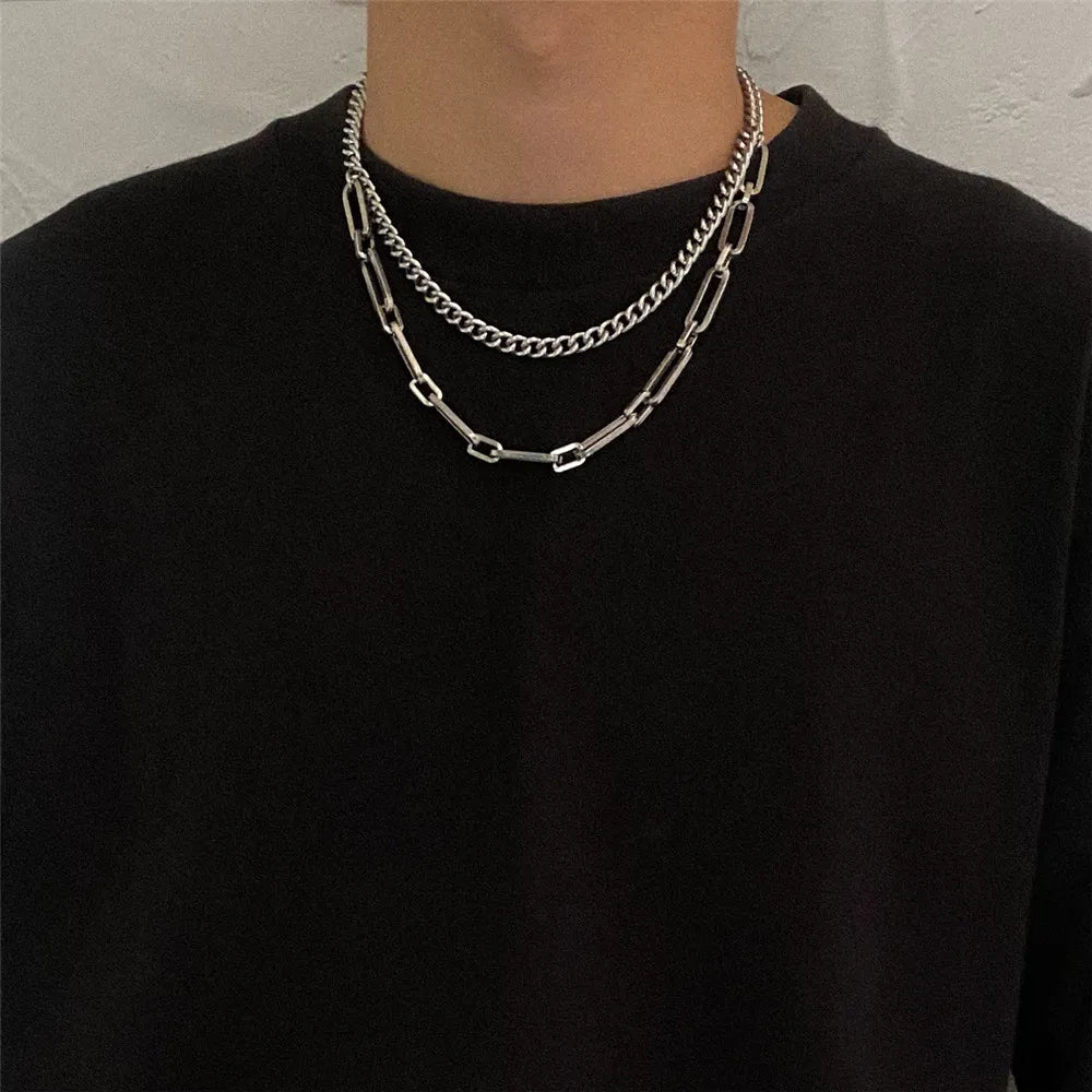 2023 Trendy Stainless Stee Double Layer Chain Necklace Simple Minimalist Punk Necklace for Women Men Goth Grunge Emo Y2K Jewelry