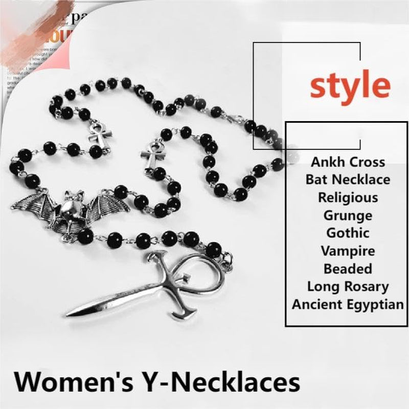 Ankh Cross Bat Necklace Gothic Vampire Rosary