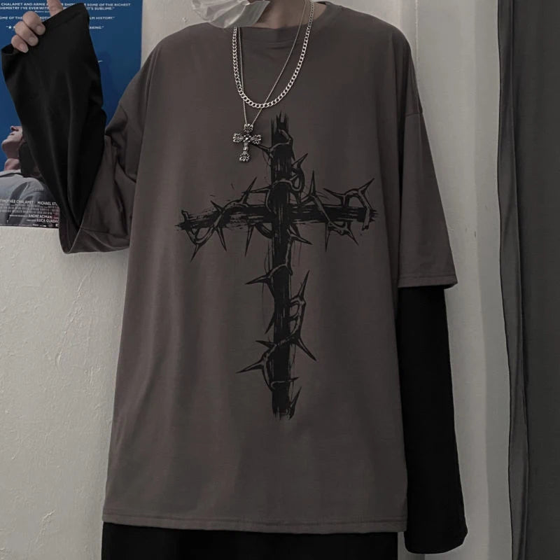 Grunge Clothes Women Long Sleeve Emo T-Shirt Casual Harajuku Men Aesthetic Pray Goth Top Alt Street Fashion Tshirts Indie Punk
