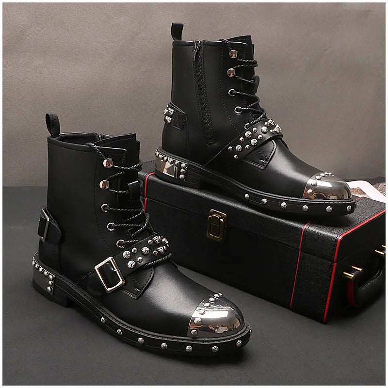 Mens Luxury Fashion Punk Goth Dress High Motorcycle Boots Lace-Up Original Leather Rivets Shoes Cowboy Platform Long Botas Mans