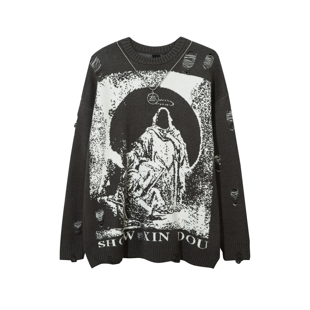 With Necklace Ripped Oversized Sweaters Frayed Knitted Black Goth Men Y2K Grunge Women Vintage Sweater Harajuku Tops Pullovers