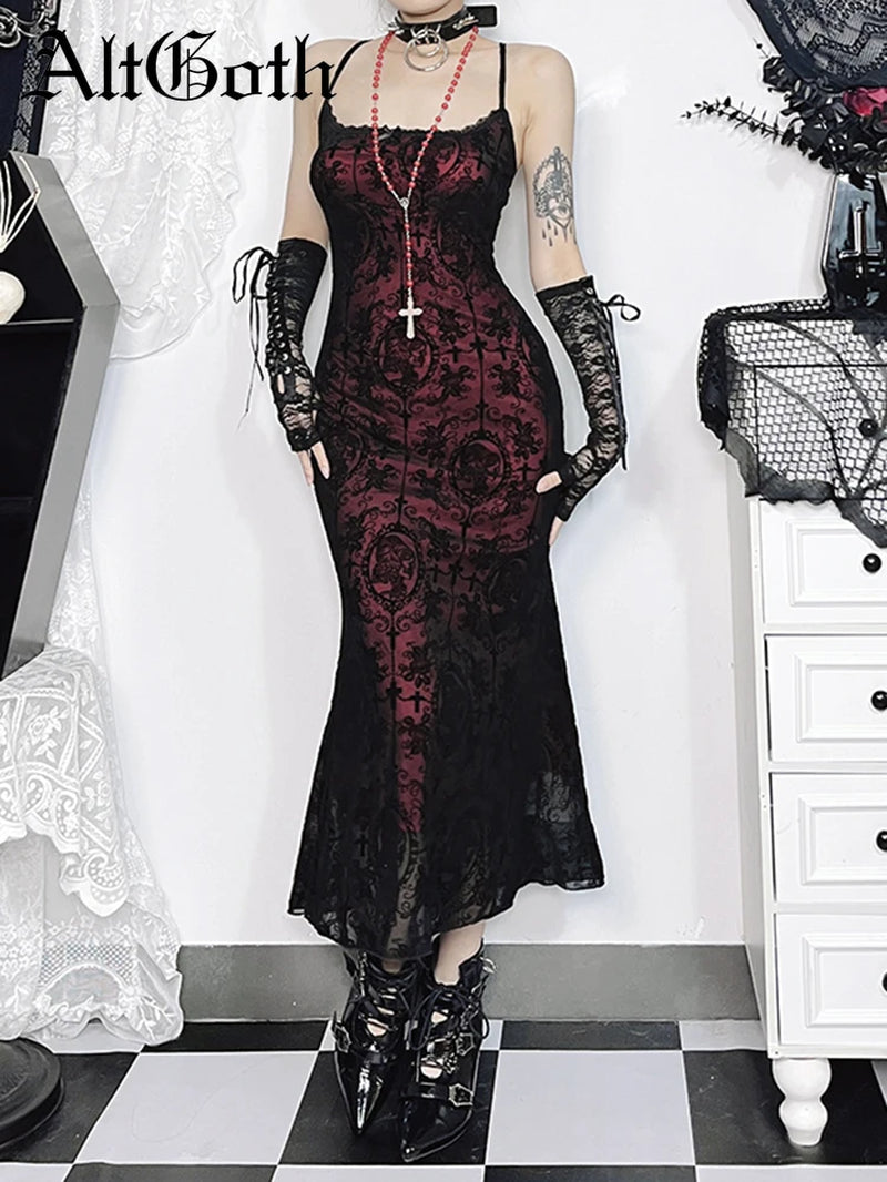Vintage Elegant Goth Dress Women Sexy Streetwear Fairy Grunge Aesthetic Cross Pattern Spaghetti Strap Party Dress Female