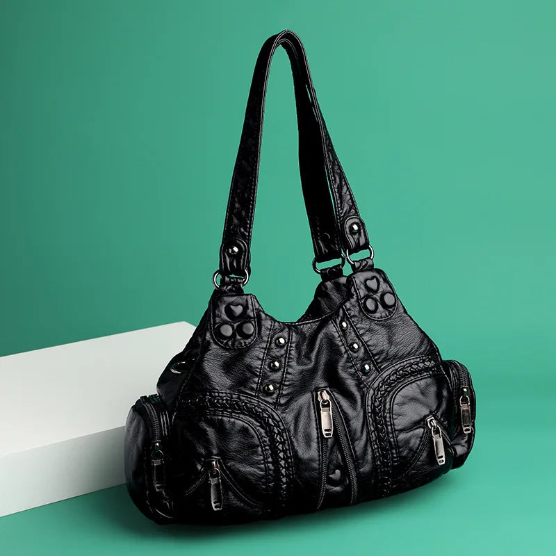 Black Y2K Women Shoulder Bag Vintage Punk Goth Fashion Designer Pu Leather Tote Bag Large Capacity Rivet Motorcycle Handbag