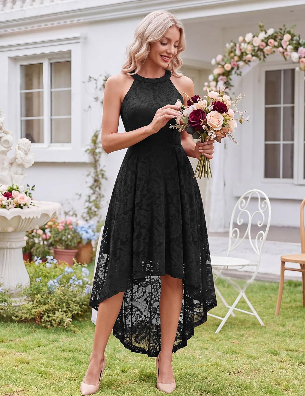 Women Halter Lace Hi Lo Wedding Guest Cocktail Formal Dress