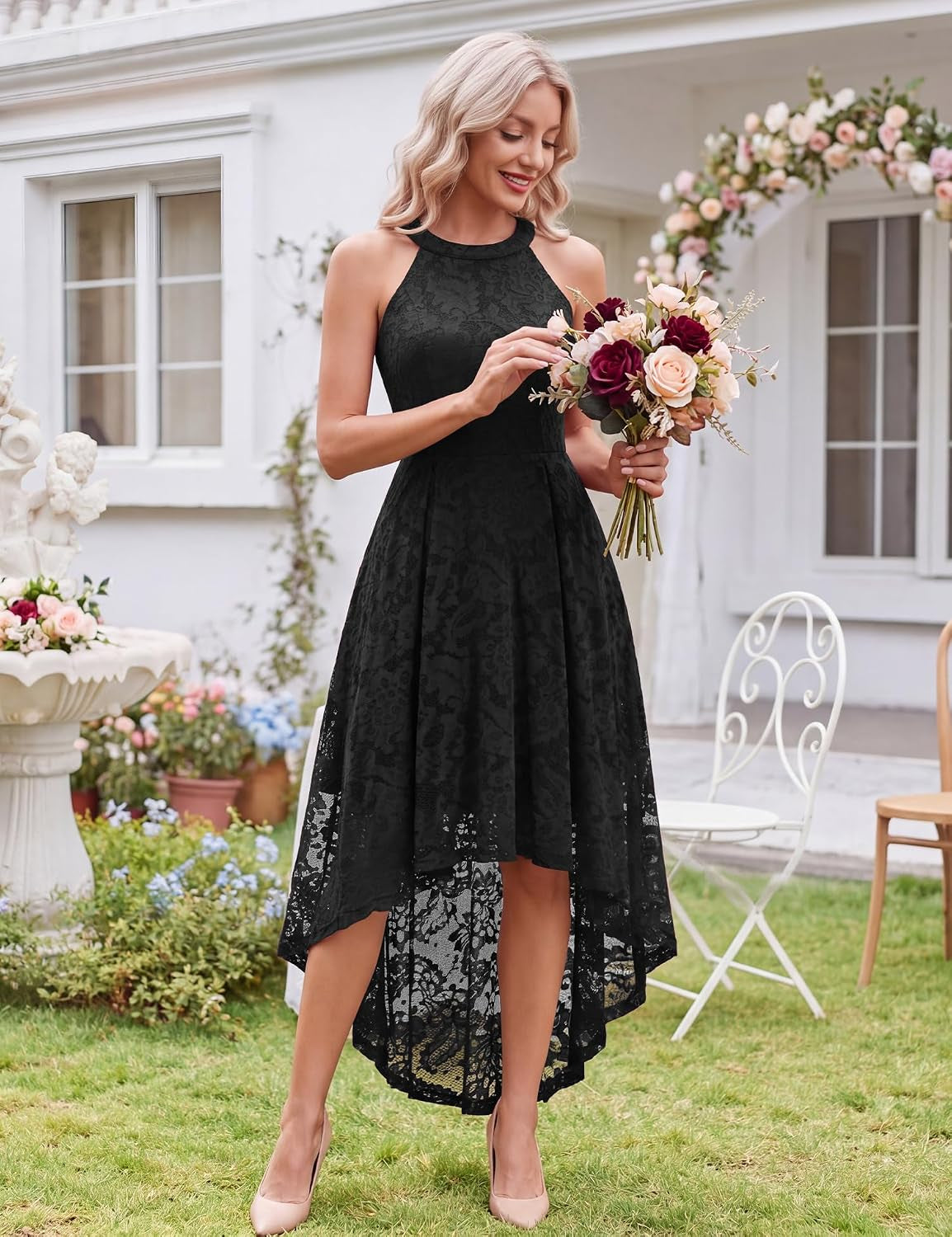Women Halter Lace Hi Lo Wedding Guest Cocktail Formal Dress