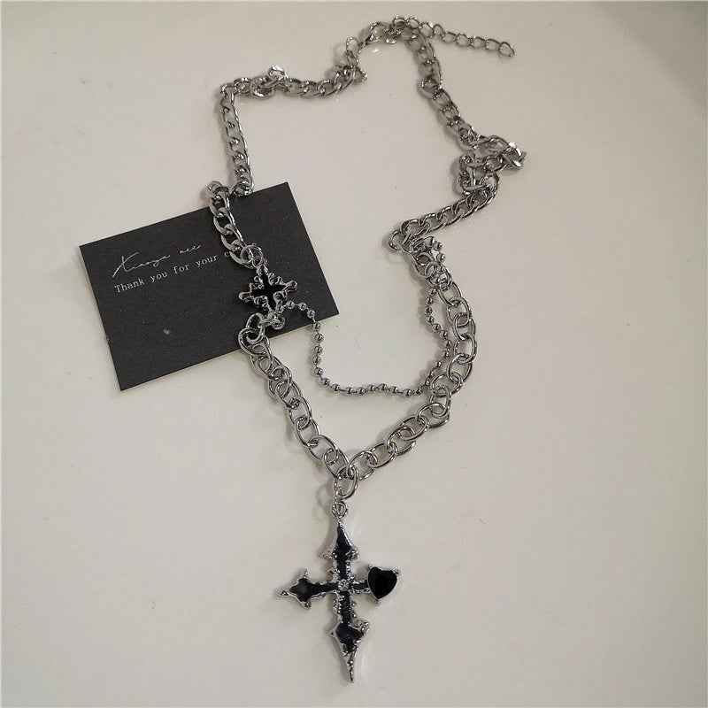 Punk Rock Black Heart Cross Pendant Chain Necklace for Men Women Cool Hip Hop Street Vintage 90S Y2K Grunge Goth Accessories