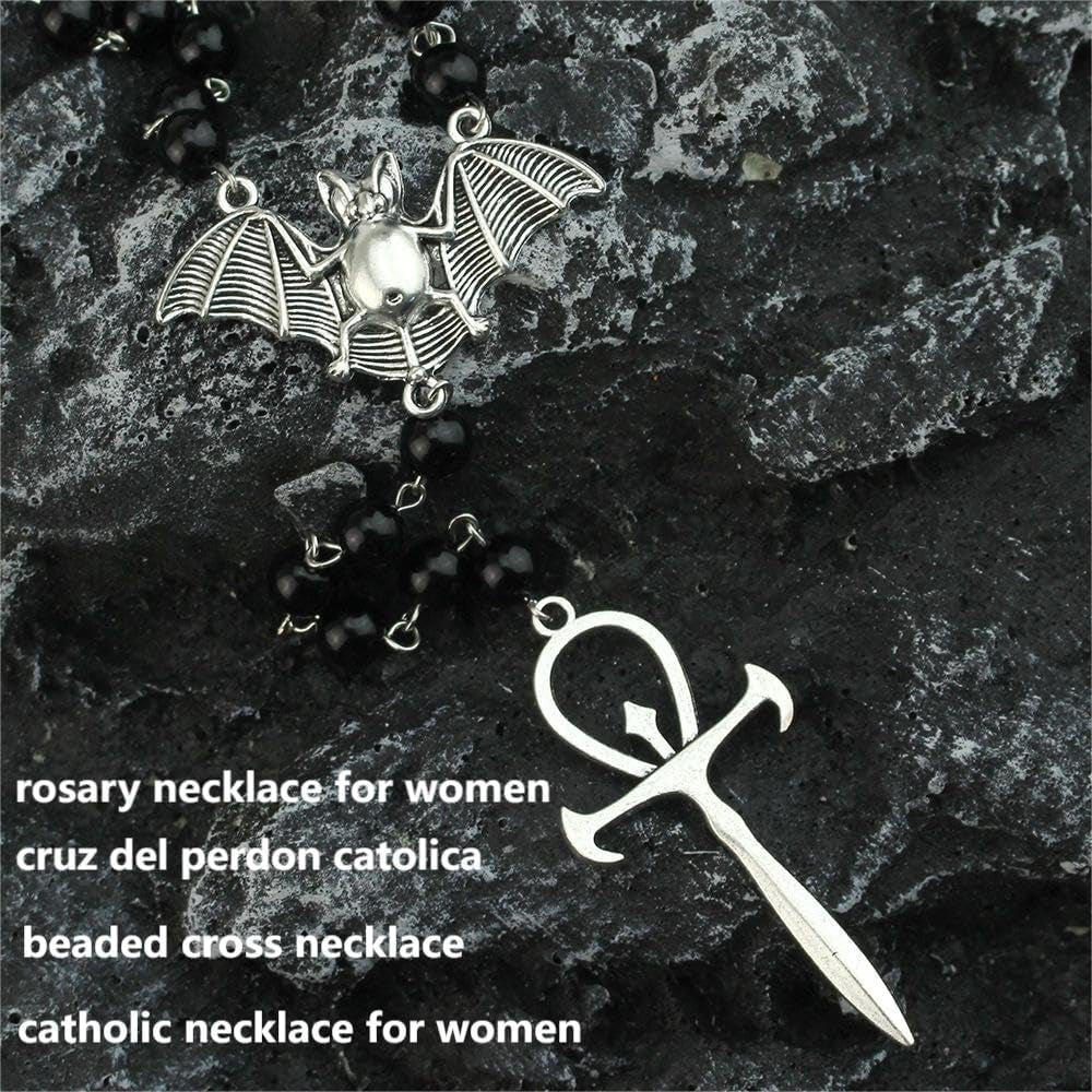 Ankh Cross Bat Necklace Gothic Vampire Rosary