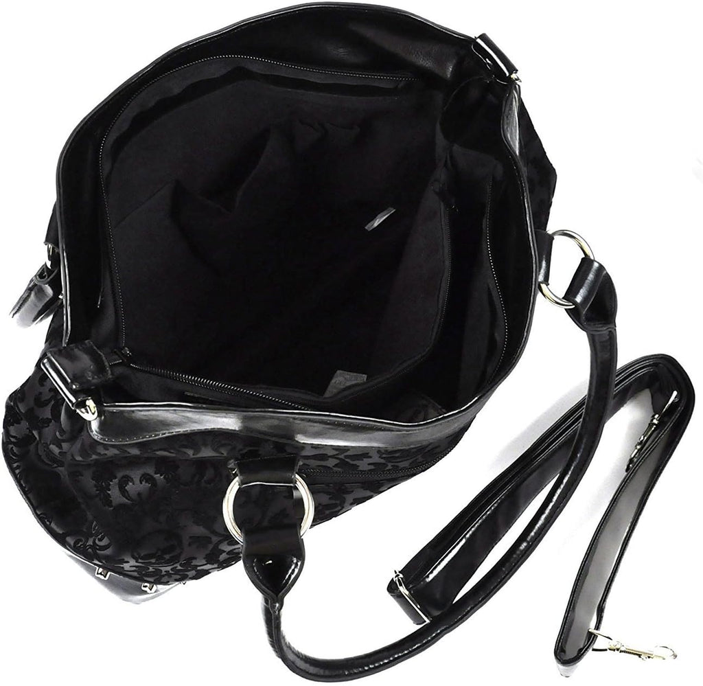 Black Goth Steampunk Flocked Ribcage Skeleton Cameo Handbag Shoulder Bag, Large