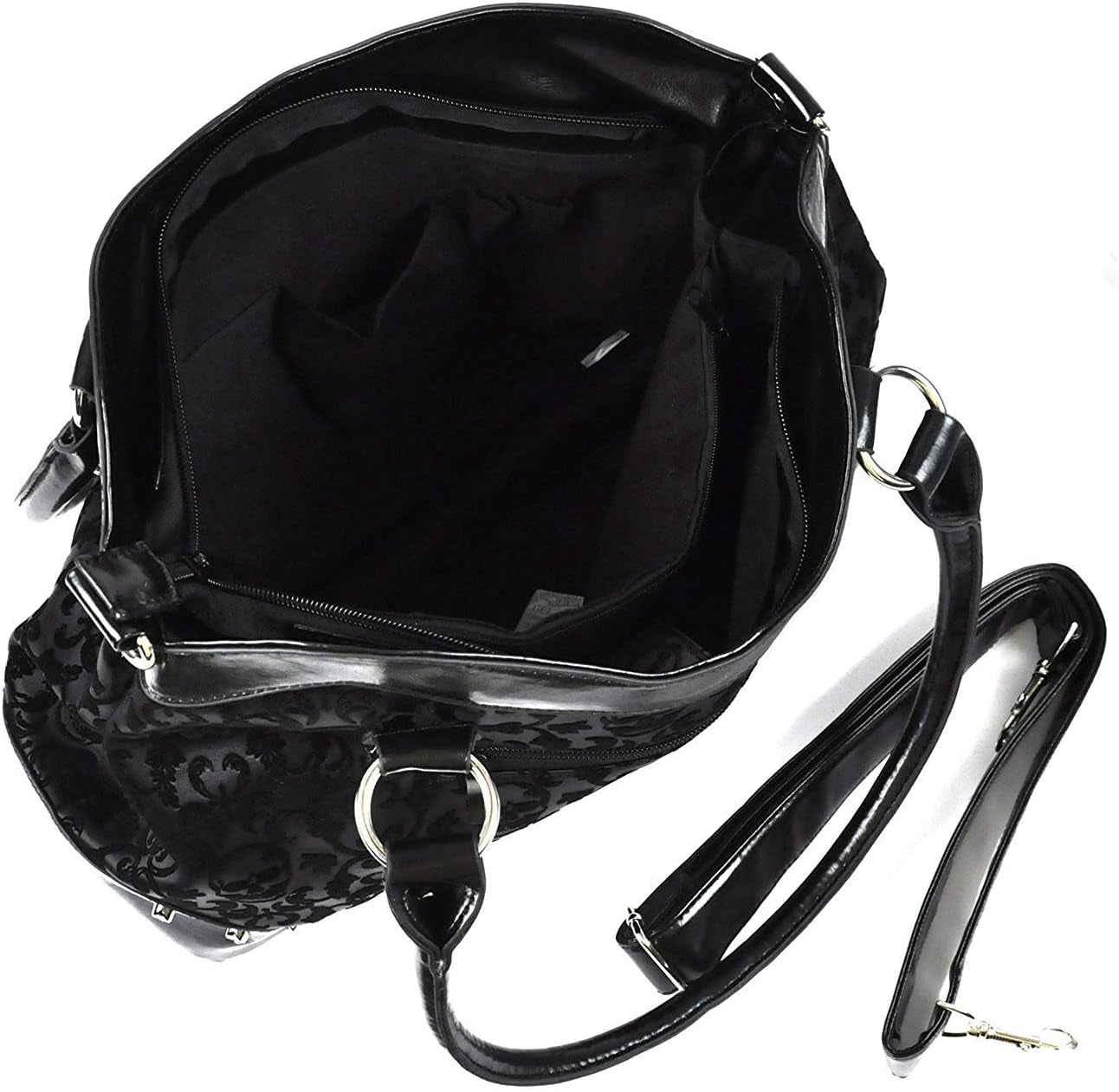 Black Goth Steampunk Flocked Ribcage Skeleton Cameo Handbag Shoulder Bag, Large