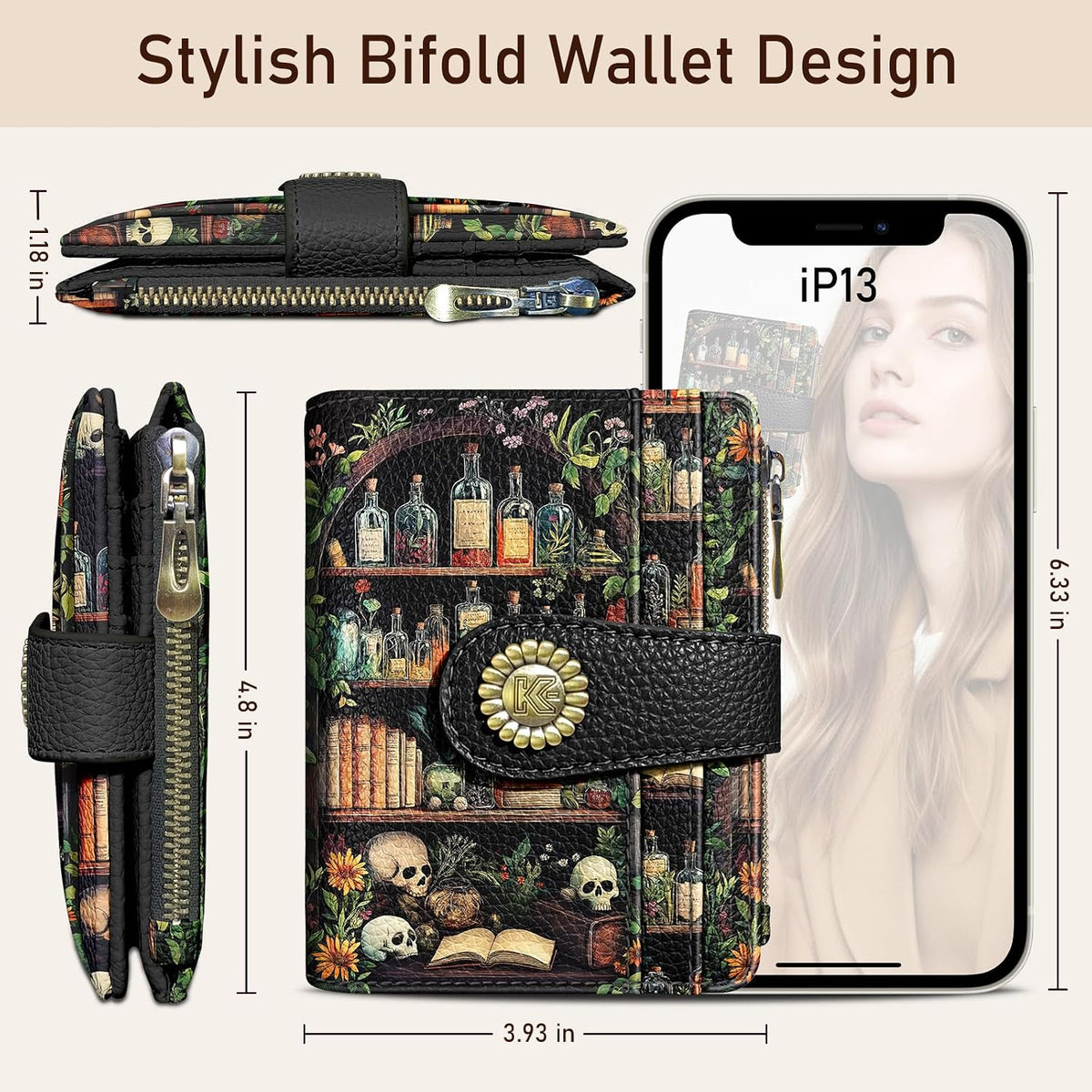 Bookshelves Skull Goth Small Rfid Women Wallet Zipper Coin Pocket